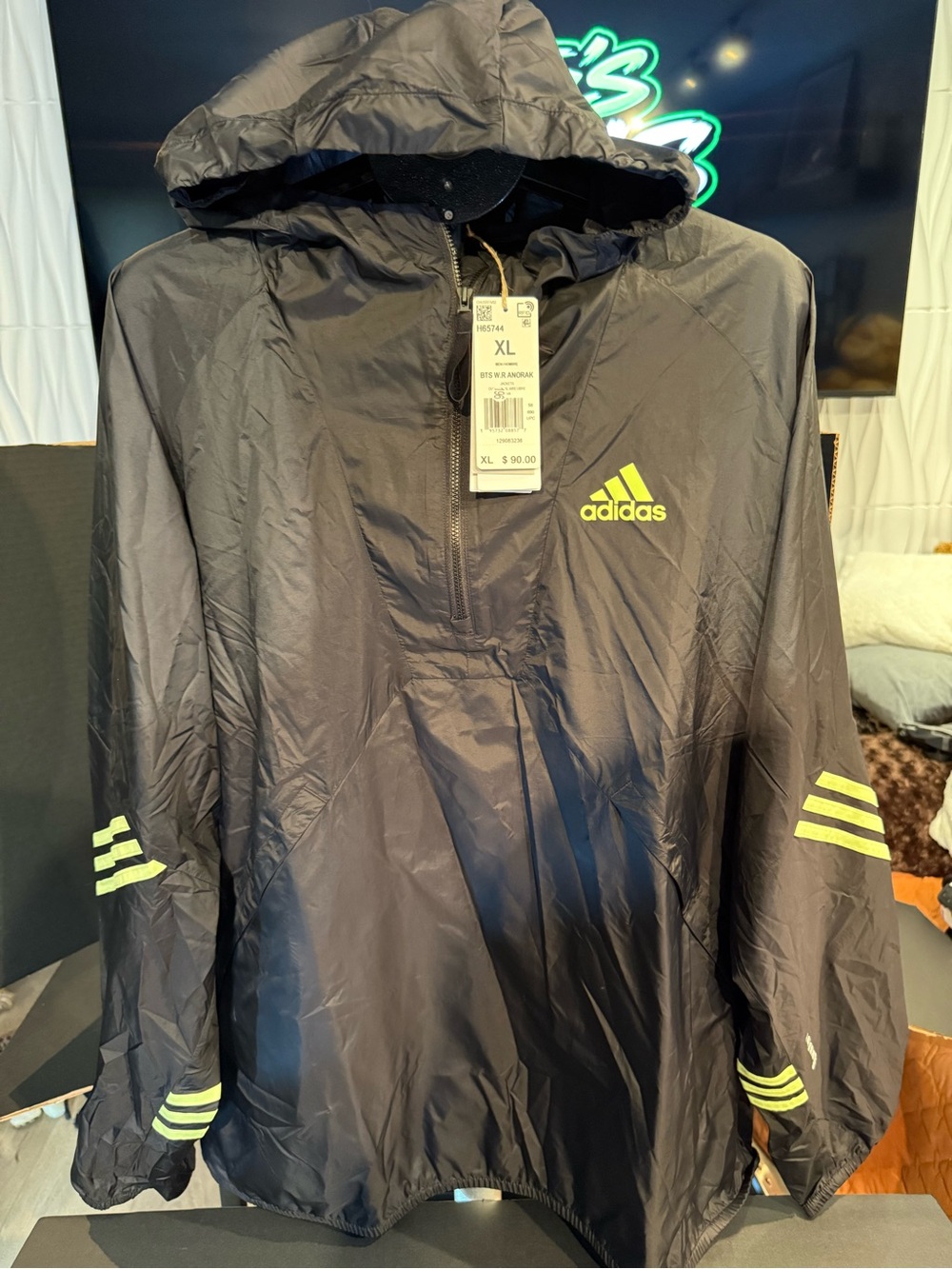 adidas Men’s Black Hooded Windbreaker with Neon Yellow Logos and Stripe Accents